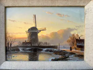 Anton Karssen - Winters landschap met vrouw op een pad bij een molen kopen? Bied vanaf 390!