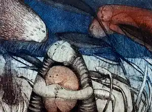 Ria Zurne - Confrontatie in geestentuin, aquatint ets verkocht voor € 41!