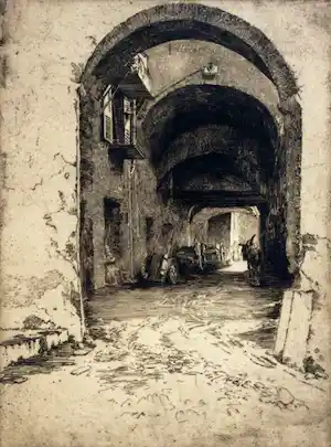 Edward Millington Synge - Sisteron, Street of the Pope's soldiers - ets, ingelijst verkocht voor € 35!