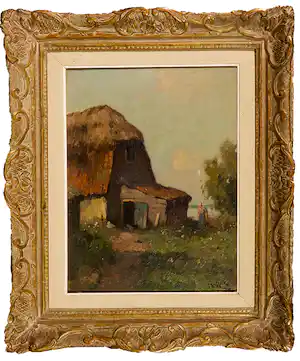 Henri Endlich - Olieverf op doek, Boerderij aan een plas - Ingelijst verkocht voor € 48!
