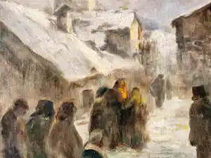 Joseph Jacinto Mora - bekende Amerikaanse kunstschilder - winters dorpsgezicht - gesigneerd verkocht voor € 172!