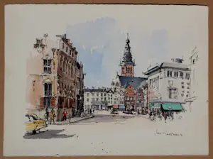 Jan Korthals - Aquarel: Grote markt in Nijmegen - 1963 kopen? Bied vanaf 115!
