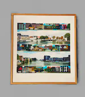 Jaap van den Ende - in beperkte oplage (90) gemaakte Piëzografie "centrum overzijde Delft" in lijst verkocht voor € 136!