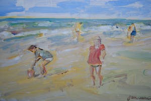 Niet of onleesbaar gesigneerd - kinderen op het strand - olieverf op paneel kopen? Bied vanaf 10!