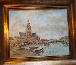 Niet of onleesbaar gesigneerd - Stadshaven te Maassluis. Zie achterzijde naam vd schilder. kopen? Bied vanaf 10!