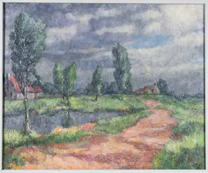 Harmen Klaas Post - Olieverf op paneel, Landschap met wiel - Ingelijst kopen? Bied vanaf 100!