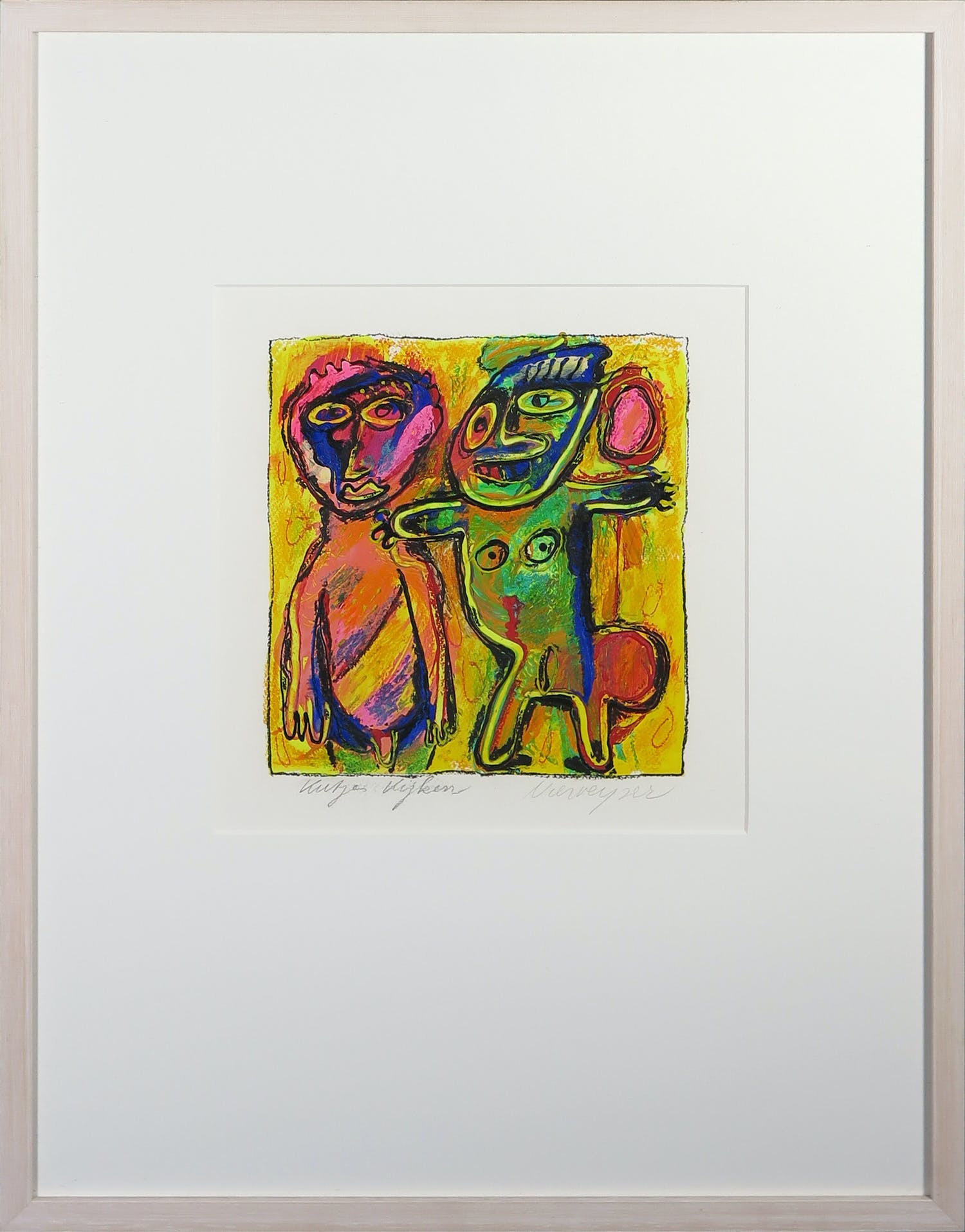 Henk Vierveijzer Gouache op papier, Kutjes kijken Ingelijst