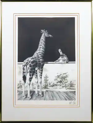Peter Vos - Litho, Giraf met pulcinella - Ingelijst verkocht voor € 150!