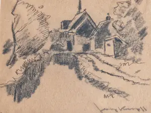 Joop Kropff - circa 1940 - houtskooltekening Kerkje Schoorl - in originele lijst - gesigneerd kopen? Bied vanaf 41!