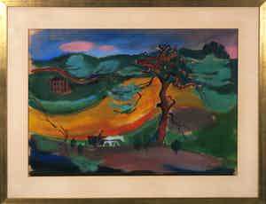 Cor Reisma - Gouache op papier, Landschap met boerenkar - Ingelijst verkocht voor € 200!
