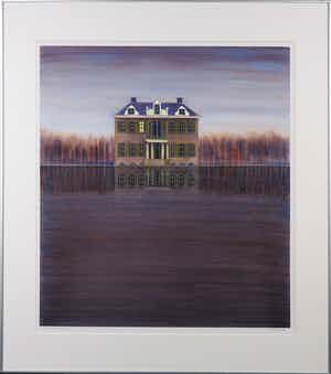 Willem de Vries - Aquarel, Villa bij avond II - Ingelijst verkocht voor € 65!
