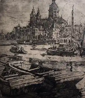 Pieter Dupont - ets: St Nicolaaskerk, Amsterdam - 1895 + certificaat kunsthandel Borzo verkocht voor € 125!