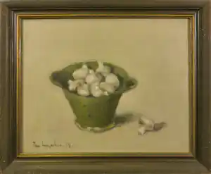 Theo Swagemakers - Olieverf op doek, Champignons in vergiet - Ingelijst verkocht voor € 250!