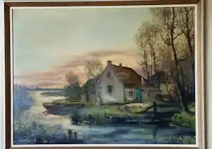 Cornelis de Bruin - Charmant schilderij: Boerderij aan rivier, bootje, blauwe deur kopen? Bied vanaf 199!