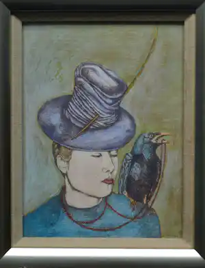 Henny van Diest - Ingelijst, Gemengde techniek, Vrouw met kraai – Lijst, 42 x 35 cm verkocht voor € 80!