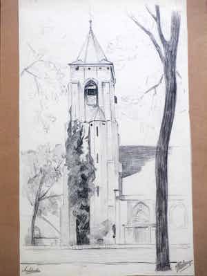 Johan Christiaan Kerkmeijer - Kerk in Aagtekerke - Tekening verkocht voor € 40!