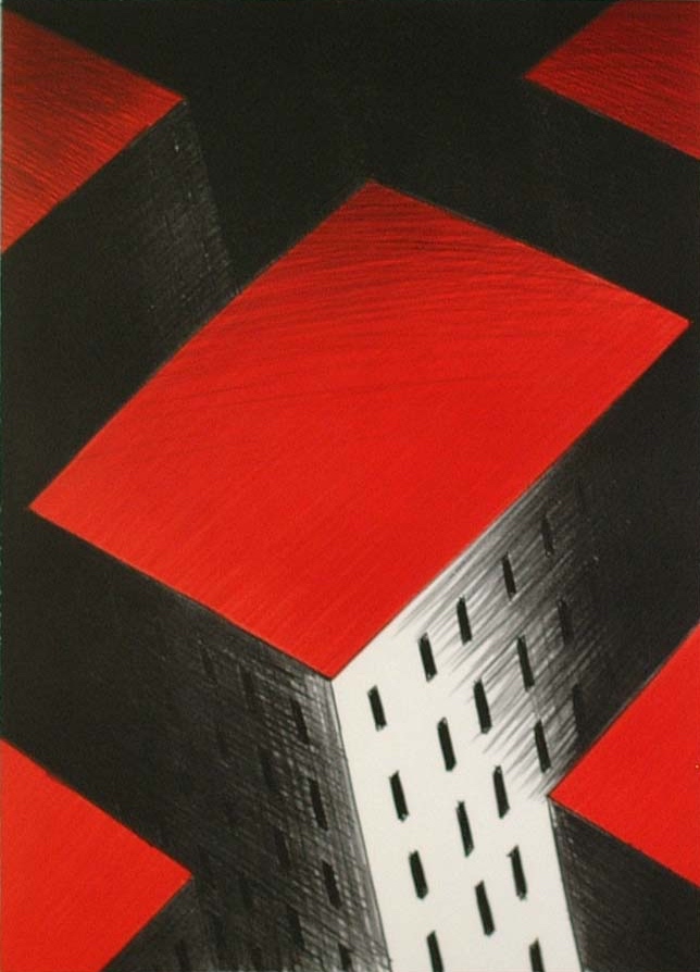 Jeroen Henneman - kleurenlitho - 'Rode daken' - 1993 (INGELIJST) verkocht voor € 402!