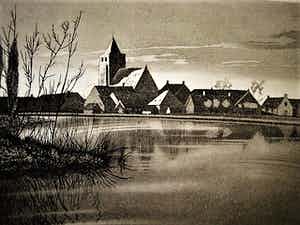 Arend Hendriks - Circa 1930 - verstilde droge naald Ets "Ochtend bij Ouderkerk a/d Amstel" verkocht voor € 35!