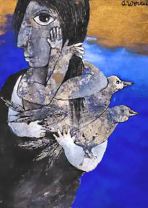 Ans Wortel - Die vogels wil vangen verzamelt enkel veren, gouache verkocht voor € 266!