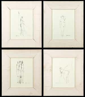Evert van Hemert - Lot van vier pen- en potloodtekeningen, Vrouwelijk naakt - Ingelijst verkocht voor € 60!