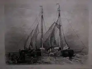 Charles Rochussen - Platbodems aan het strand met vissers verkocht voor € 110!