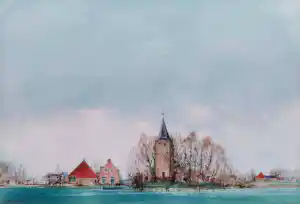 Ciano Siewert - Dorp aan het water, tekening / aquarel (netjes ingelijst, groot) kopen? Bied vanaf 100!