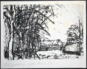 Fred Bervoets - ets - landschap - met opdracht, 1971, unica verkocht voor € 40!