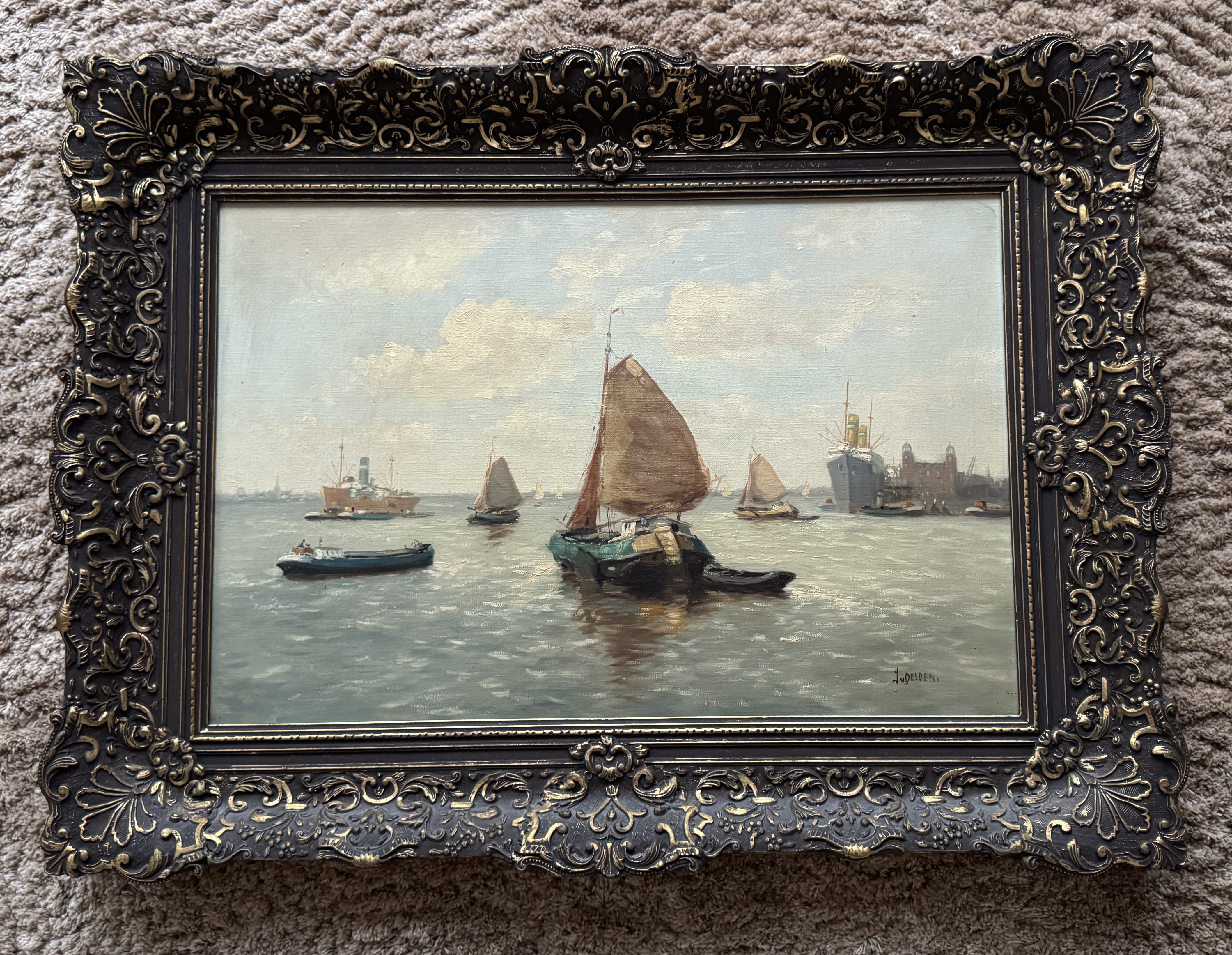 J. van Delden - Havengezicht met zeilschepen en stoomboot kopen? Bied vanaf 150!