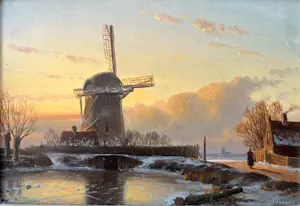 Anton Karssen - Winters landschap met vrouw op een pad bij een molen kopen? Bied vanaf 390!