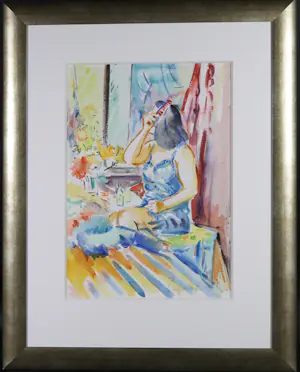 Niet of onleesbaar gesigneerd - Aquarel, Vrouw aan kaptafel - Ingelijst kopen? Bied vanaf 1!