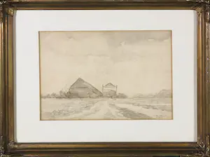 Niet of onleesbaar gesigneerd - Aquarel, Schuur met hooiberg - Ingelijst kopen? Bied vanaf 1!