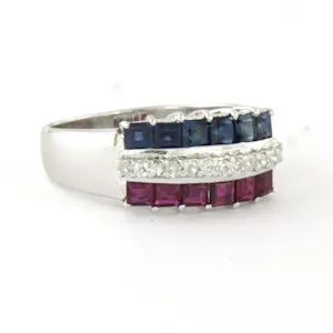 18k gouden ring met saffier, robijn en single cut geslepen diamant tot. 0.15ct kopen? Bied vanaf 660!