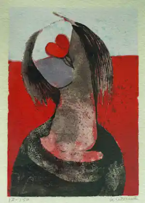 Ans Wortel - Ingelijste kleurenlitho , “'n kus voor 't hoofd dat in wonderen gelooft...” verkocht voor € 110!