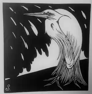 Jan Schonk - Houtsnede "Reiger" 1925 verkocht voor € 45!