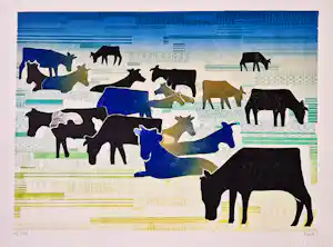 Frans de Jong - Grote kleuren Sjabloondruk "koeien in de wei" - potlood gesigneerd kopen? Bied vanaf 39!