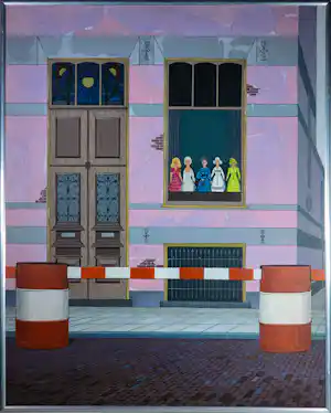 Kees Balvers - Acryl op doek, Vijf poppen voor een raam - Ingelijst verkocht voor € 100!