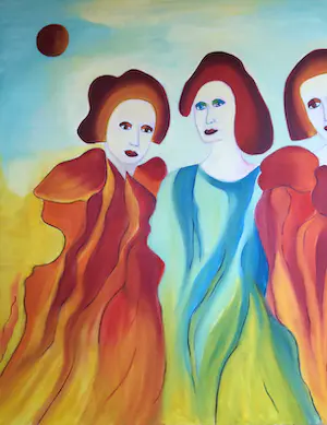 Maartje Wijngaarden - "drie vrouwen" | surrealistisch schilderij (Groot) kopen? Bied vanaf 115!