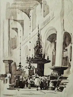Har Sanders - Originele figuratieve aquarel op papier "kerk interieur" gesigneerd verkocht voor € 50!