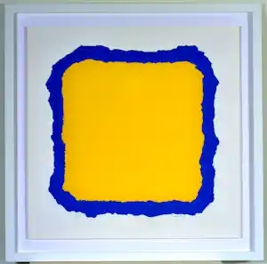 Bram Bogart - Geel in blauw - Kleurenzeefdruk - Gesigneerd - 70x70 cm - 1974 - Ingelijst kopen? Bied vanaf 1250!