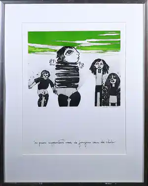 Ans Wortel - Kleurenets, 'n paar supporters voor de jongens van de club - Ingelijst verkocht voor € 60!