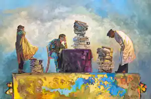 Hans Leyerzapf - Een boel werk, olieverf op doek (mooi ingelijst, zeer groot) verkocht voor € 2300!