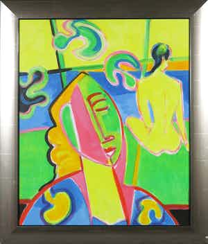 Joe Wols - Acryl op board, Twee figuren - Ingelijst verkocht voor € 35!
