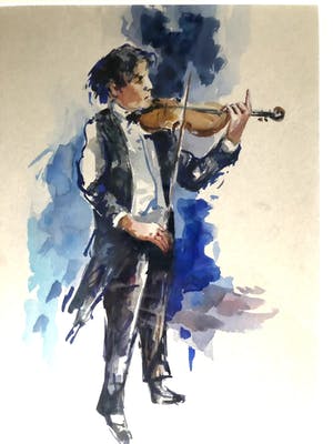 Henk Fonville - Violist - Aquarel, Ingelijst kopen? Bied vanaf 90!