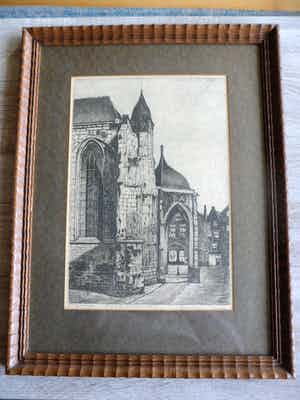 Marius Johannes Janssen - Ets. Nijmegen, Ingang Sint Stevenskerk. Ingelijst verkocht voor € 35!