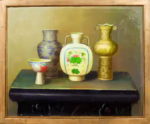 Victor Leao - Olieverf op board, Stilleven met porselein verkocht voor € 90!