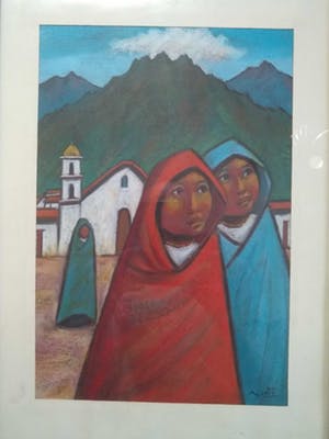 Niet of onleesbaar gesigneerd - Mexicaanse school - Vrouwen bij een kerk kopen? Bied vanaf 10!