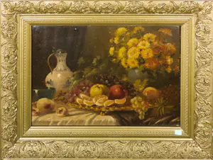 Niet of onleesbaar gesigneerd - Olieverf op paneel, Stilleven met fruit en bloemen - Ingelijst kopen? Bied vanaf 1!