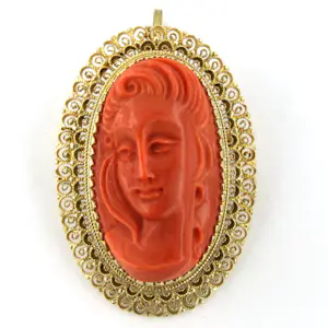 14k geel gouden hanger/ broche bezet met koraal geslepen in een vrouwenhoofd kopen? Bied vanaf 900!