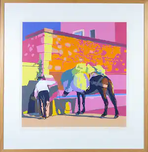Marco Kooiman - Zeefdruk, Man and mule at fountain - Ingelijst verkocht voor € 90!
