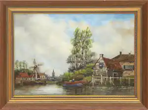 Hermanus Koekkoek (jr.) - Stadsgezicht nabij een haven ☆☆ In Prijs verlaagd ☆☆ verkocht voor € 350!